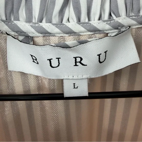 BURU Puff Sleeve Day Gown Striped Poplin Midi Dress Womens Large Elegant Preppy - Picture 3 of 5